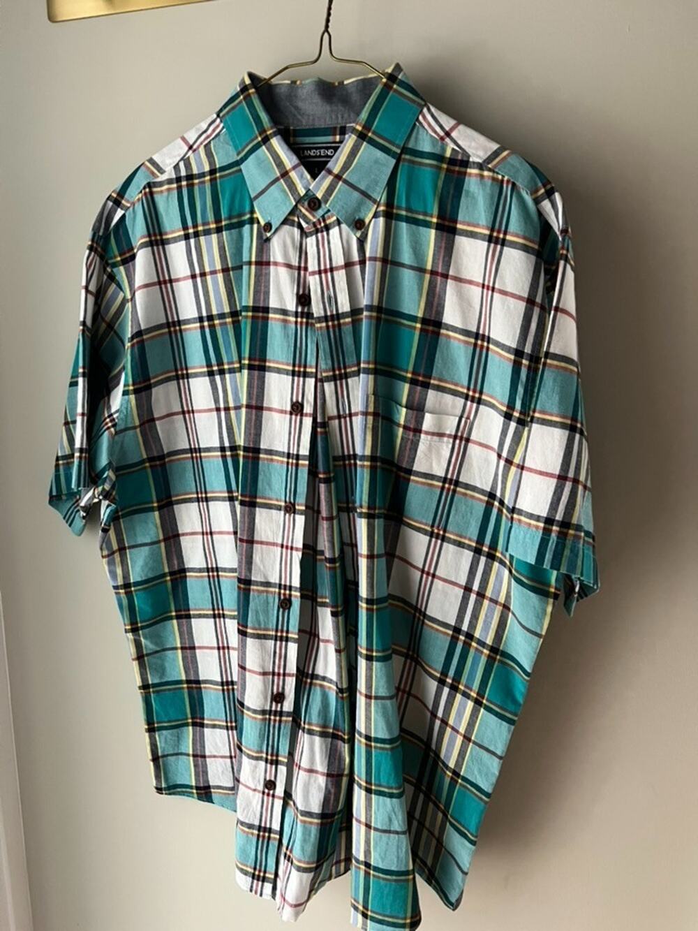 Lands' End Men's Short Sleeve Plaid Button Down Shirt Size Large Green White